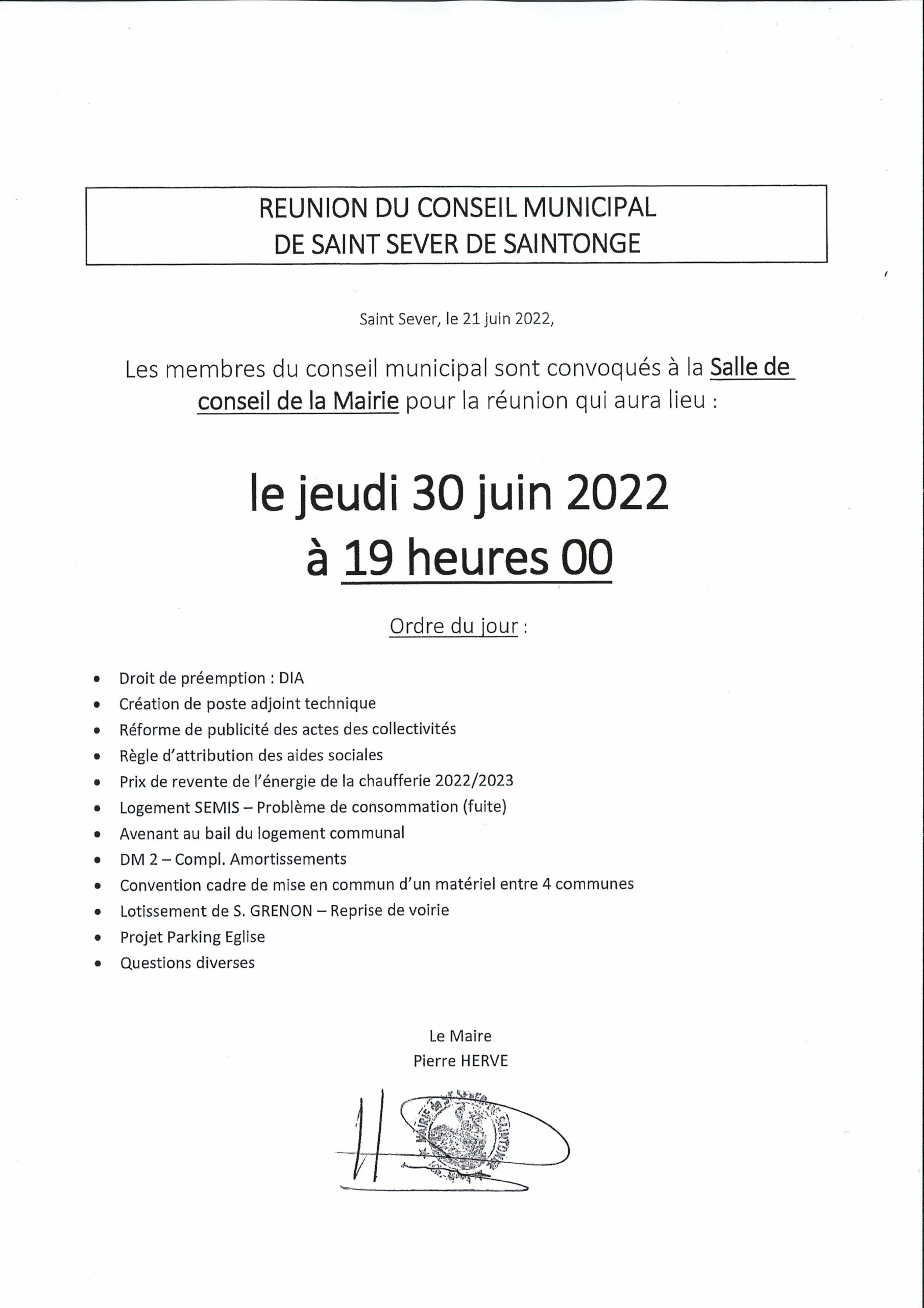 Convocation Conseil Municipal Saint Sever de Saintonge 30 juin 2022